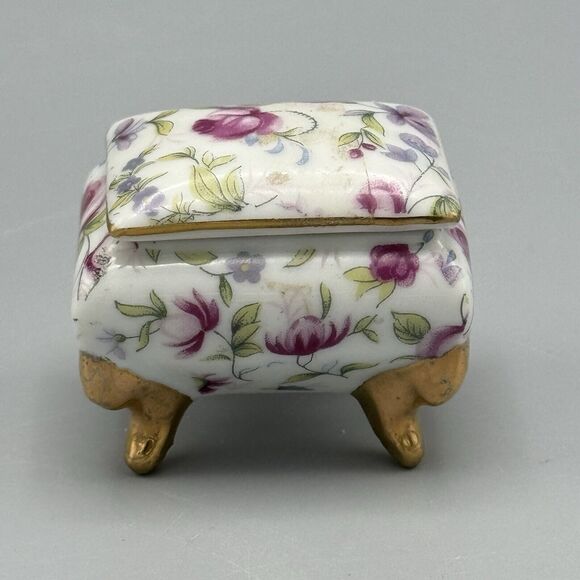 Vtg Footed Rectangle Trinket Box Lid Floral Vanity Glam Victorian Porcelain B141 - Picture 4 of 13